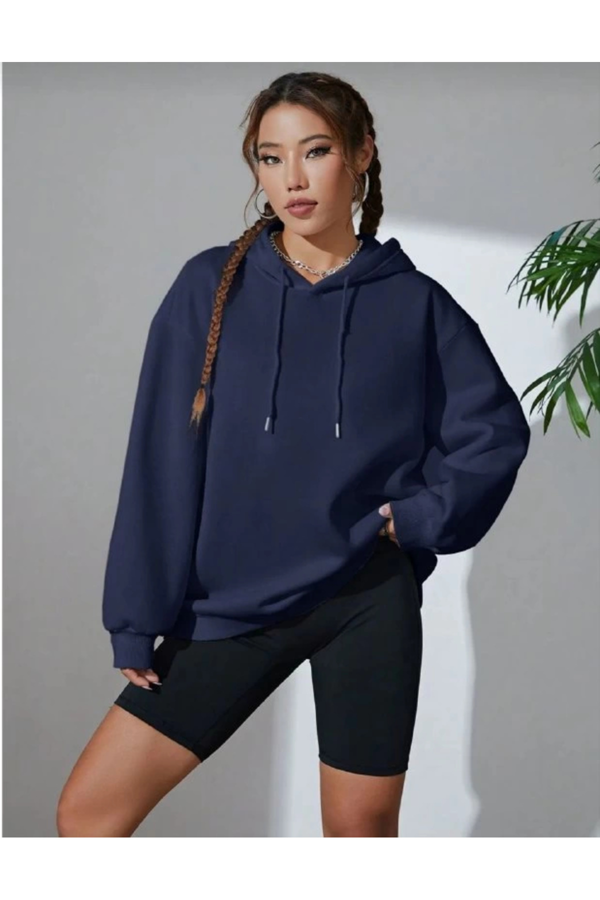 Generic Brands Women's Hooded Kangaroo Pocket 3 Thread Cotton Oversize Hoodie Sweatshirt - Navy Blue