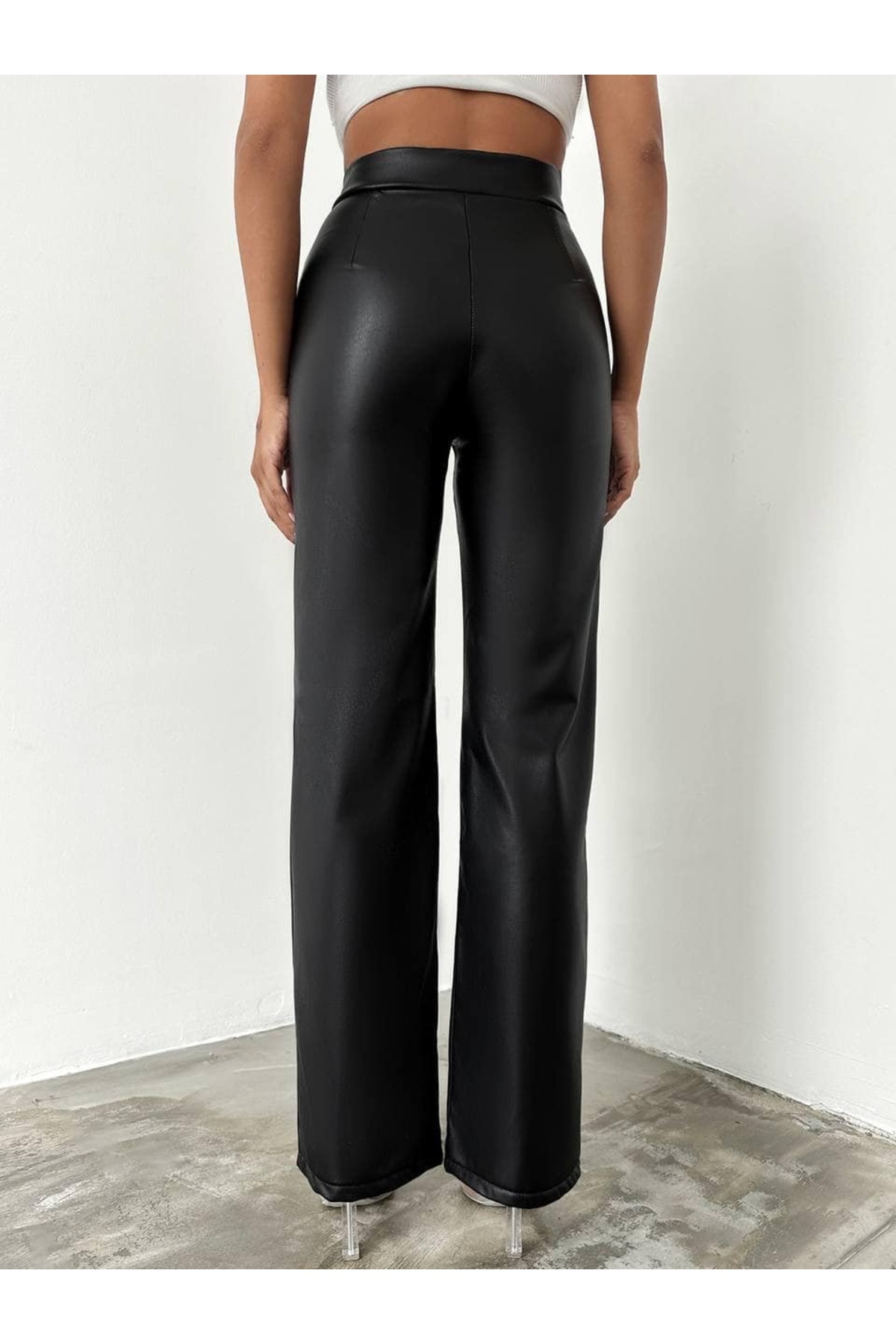 Lighter Jeans  Kadın Yüksek Bel Deri Pantolon Siyah - Görsel 5