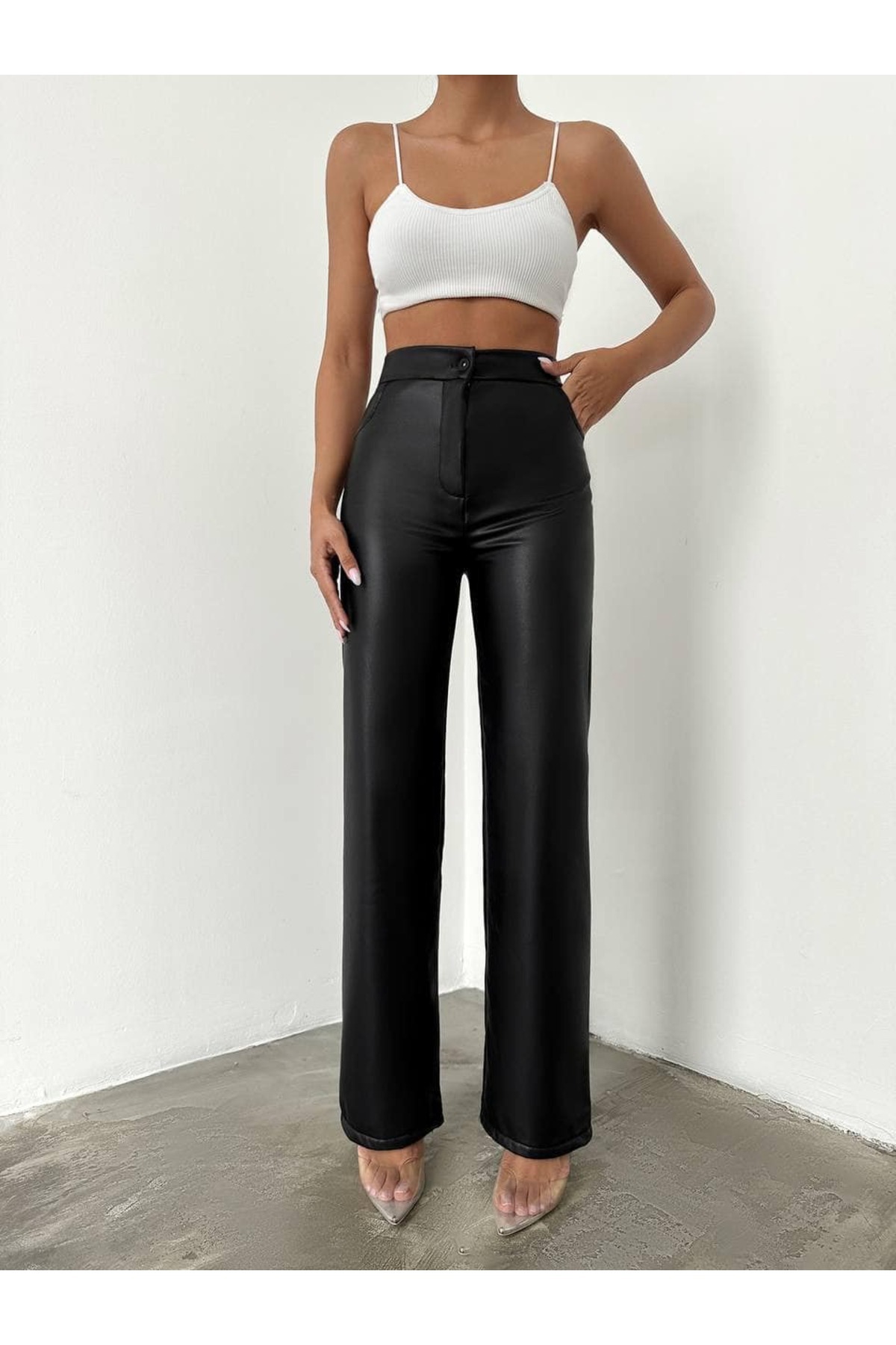 Lighter Jeans  Kadın Yüksek Bel Deri Pantolon Siyah