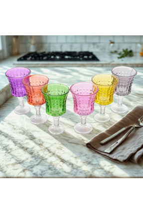 Kristella 6'lı Renkli Kristal Kesme Ayaklı Su Ve Meşrubat Kadehi Seti - 6 Far...