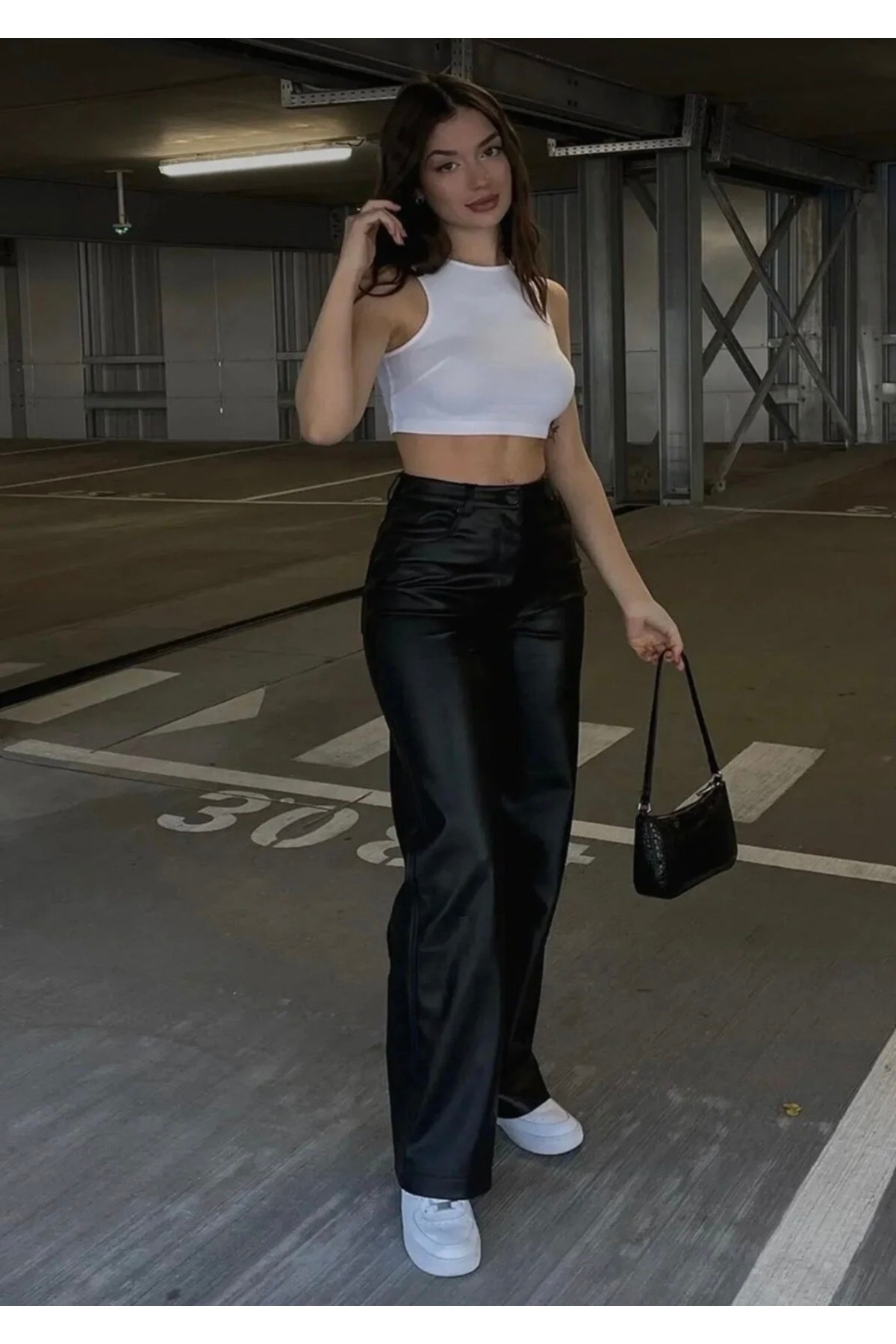 Lighter Jeans  Kadın Yüksek Bel Salaş Suni Deri Bol Paça Pantolon Siyah - Görsel 6