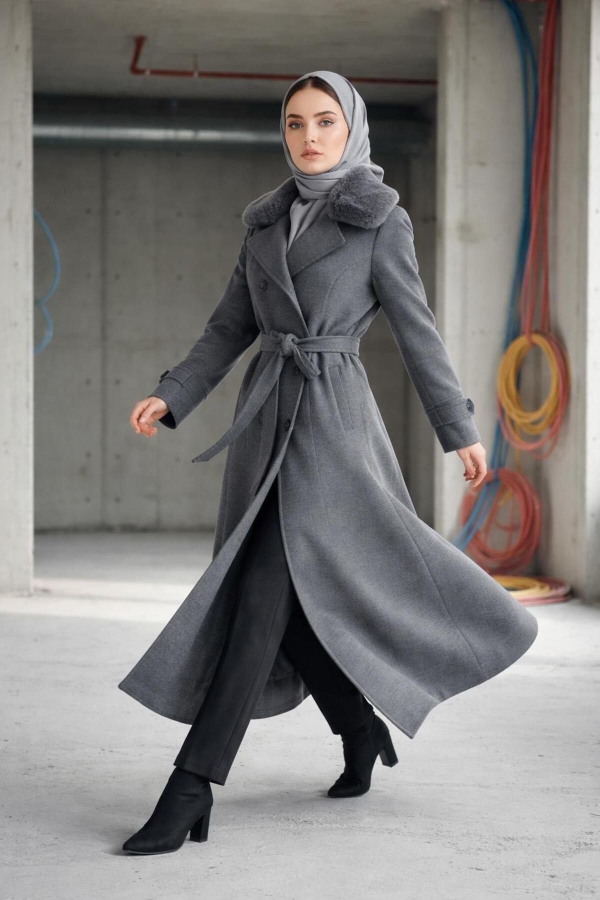 ESİN GİYİM  Kürk Yakalı Kruvaze Kaşe Manto- Old Money Tarz - Görsel 2