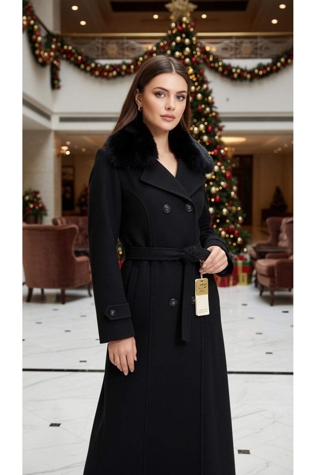 ESİN GİYİM  Kürk Yakalı Kruvaze Kaşe Manto- Old Money Tarz - Görsel 2