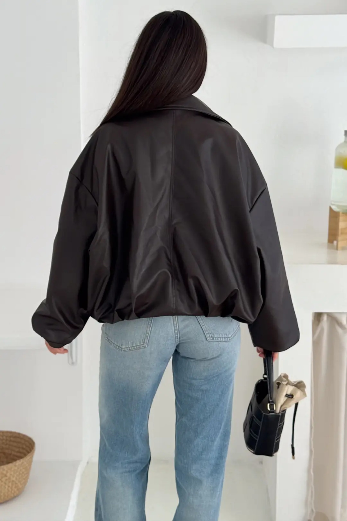 Helen Goods İçi Kürklü Oversize Kadın Deri Ceket Mont görsel 5
