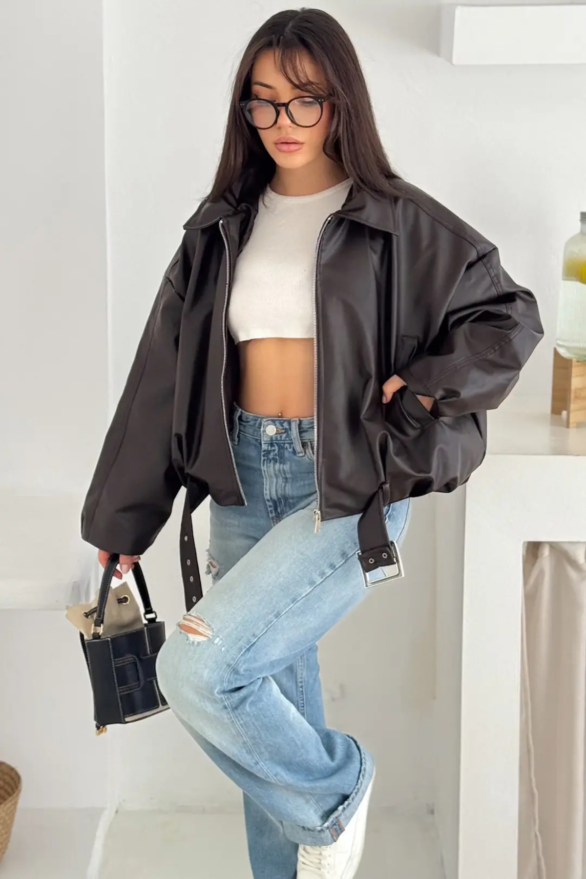 Helen Goods İçi Kürklü Oversize Kadın Deri Ceket Mont görsel 4
