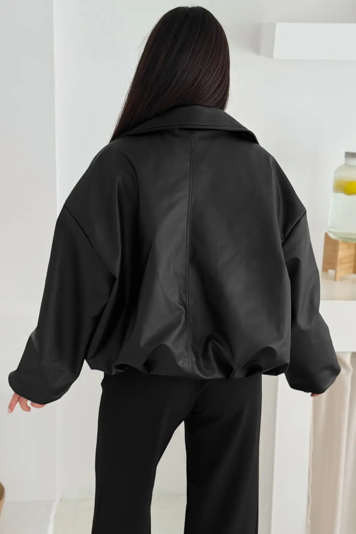 Helen Goods İçi Kürklü Oversize Kadın Deri Ceket Mont görsel 7
