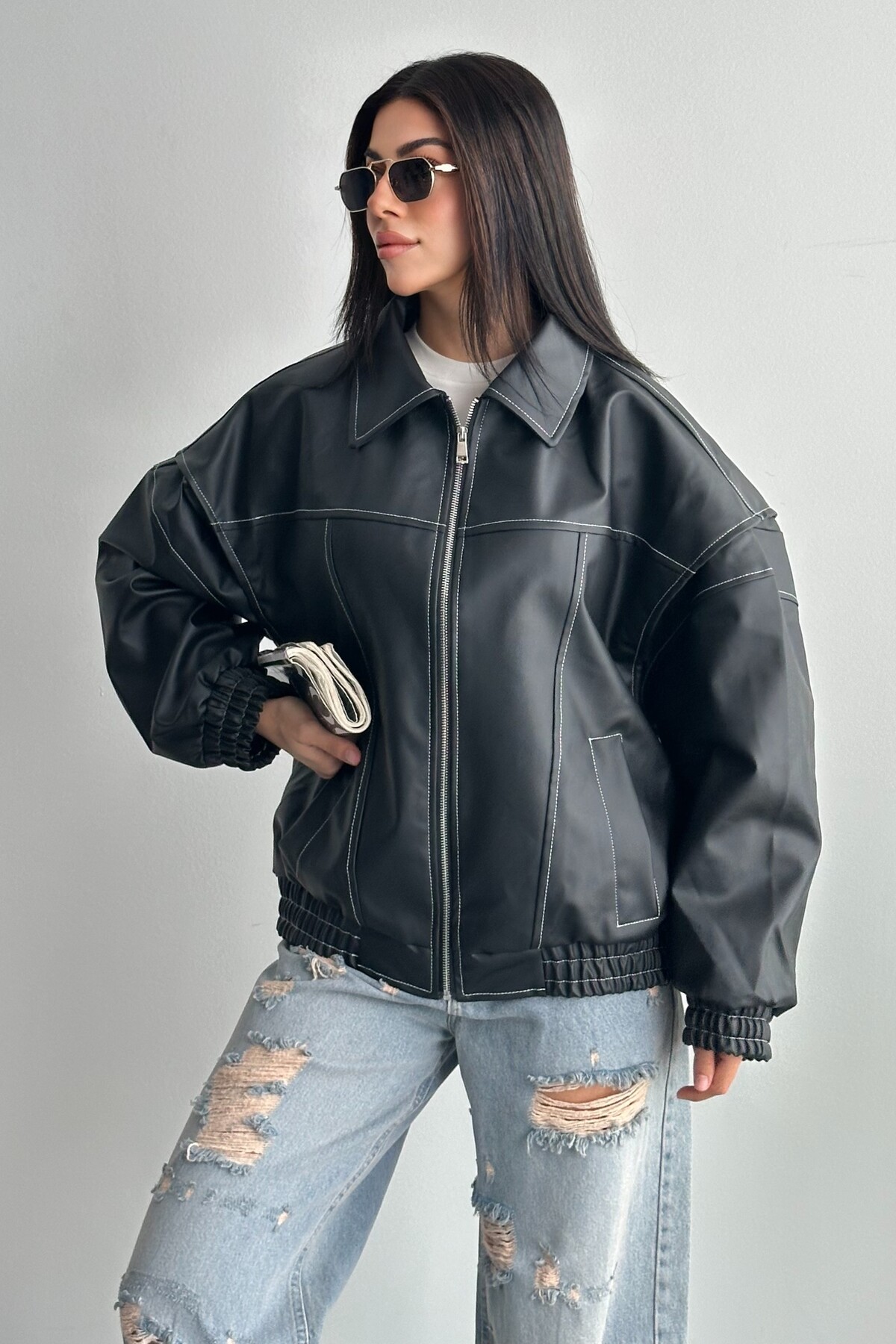 moda armanc  Kadın Vintage Oversize Siyah Deri Ceket - Bomber Kontrast Detaylı Biker Mont - Görsel 3