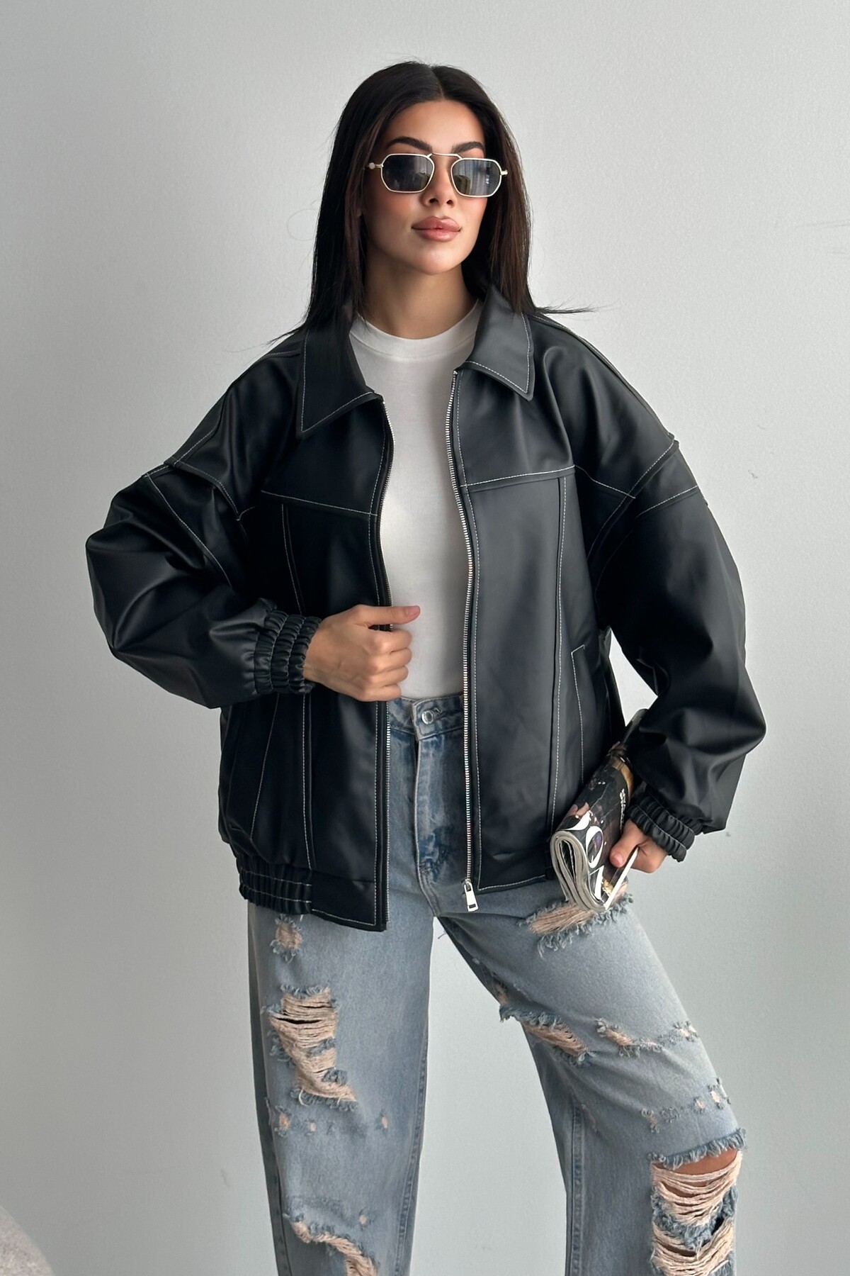 moda armanc  Kadın Vintage Oversize Siyah Deri Ceket - Bomber Kontrast Detaylı Biker Mont - Görsel 4