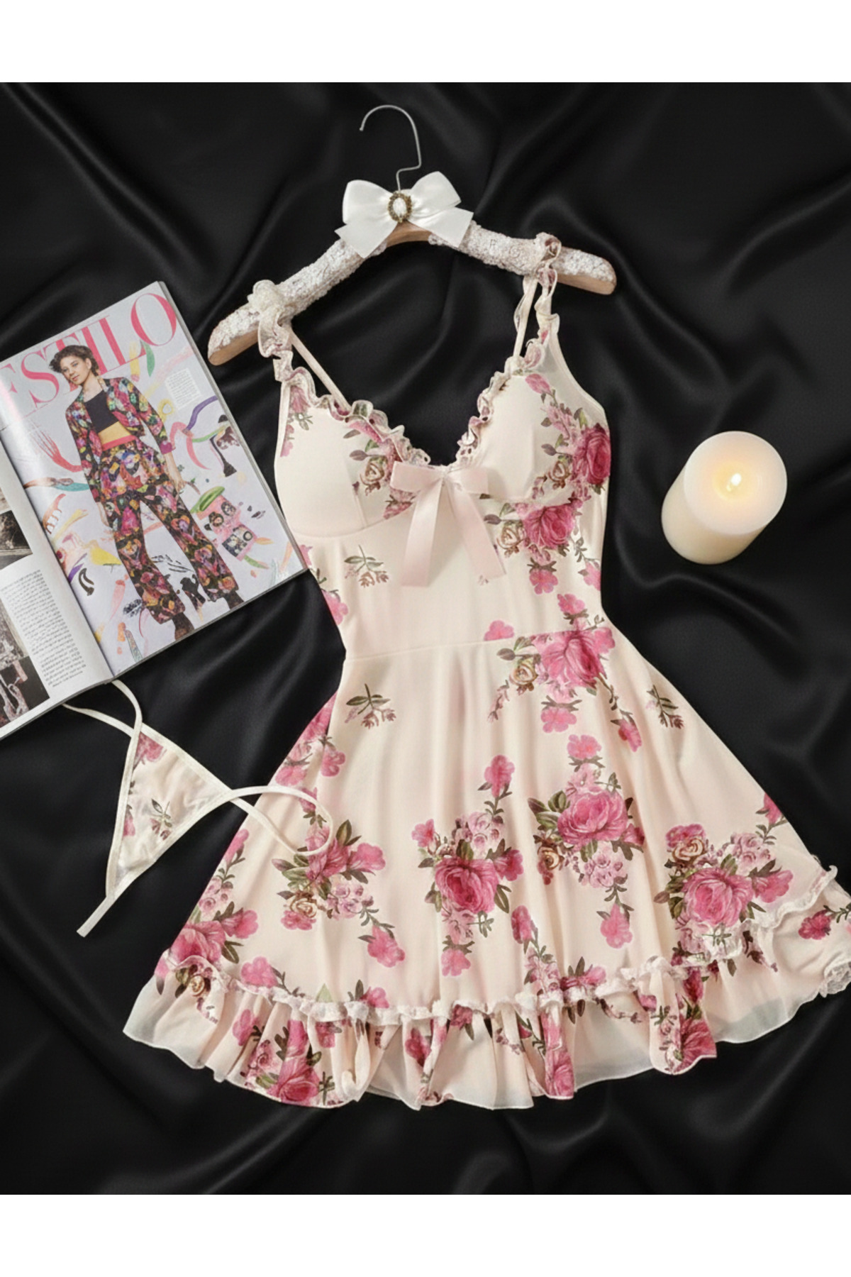 Estilo Lingerie Flowers Pembe Gül Desenli Fırfır Detaylı Tül Gecelik Takım, Gecelik Tanga Takım