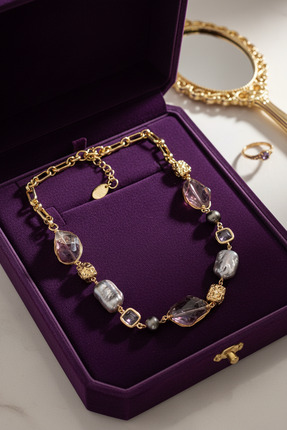 Her Touch Altın Kaplama, Doğal İnci, Ametist ve Kristal Detaylı Kadın Kolyesi...