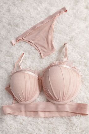 FEMME Romantik Pudra Pembesi Dolgulu Sütyen ve Külot Takımı - Şık Tül İşlemel...
