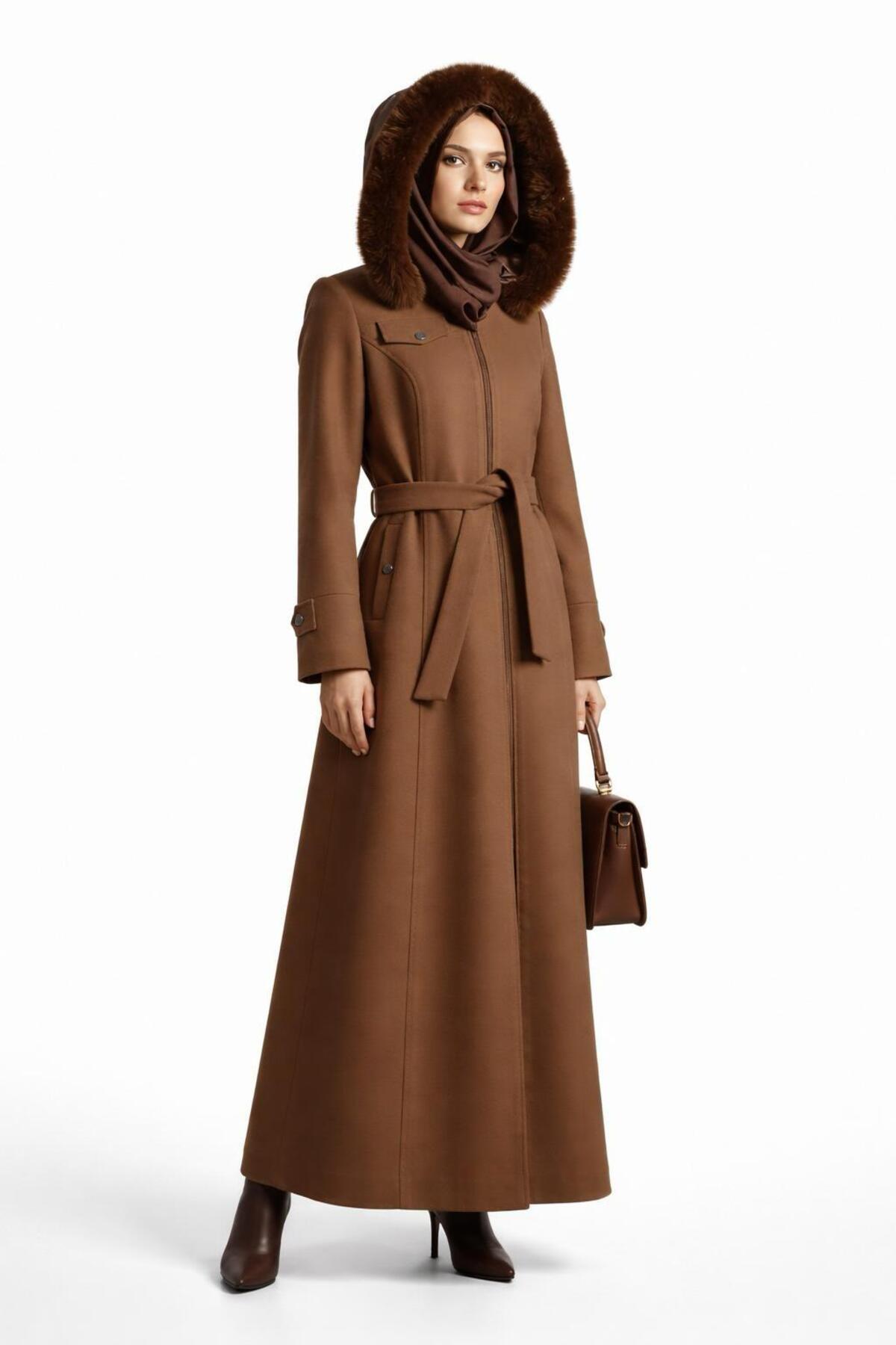 ESİN GİYİM  Luna Kürk Kapüşonlu Kemerli Uzun Kaban - Görsel 4