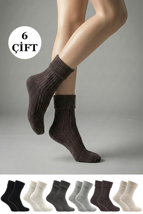 KARDEŞLER ÇORAP Kadın Kıvrık Lambswool Yarım Konç Çorap 6 Renkli