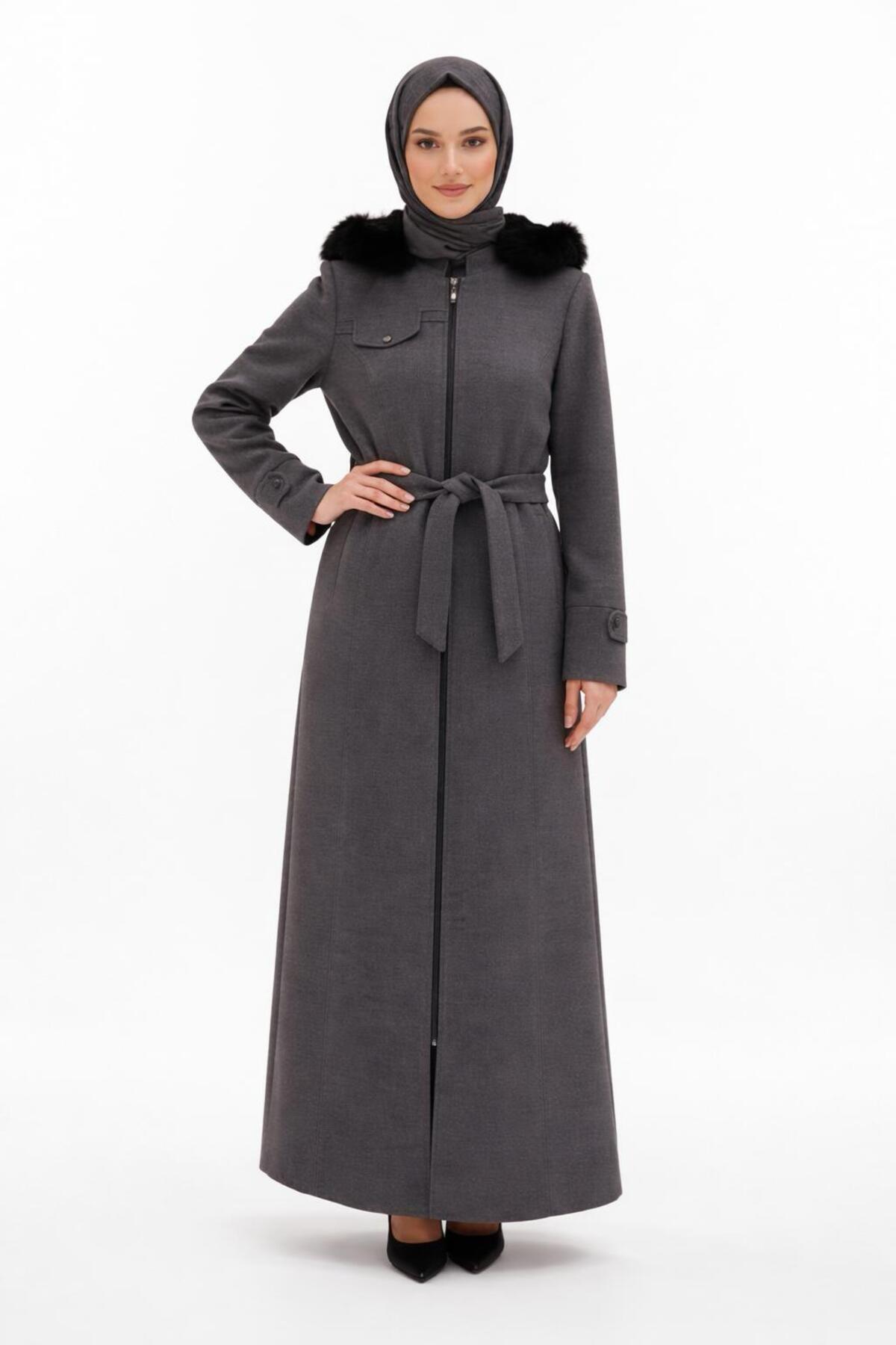 ESİN GİYİM  Luna Kürk Kapüşonlu Kemerli Uzun Kaban - Görsel 4