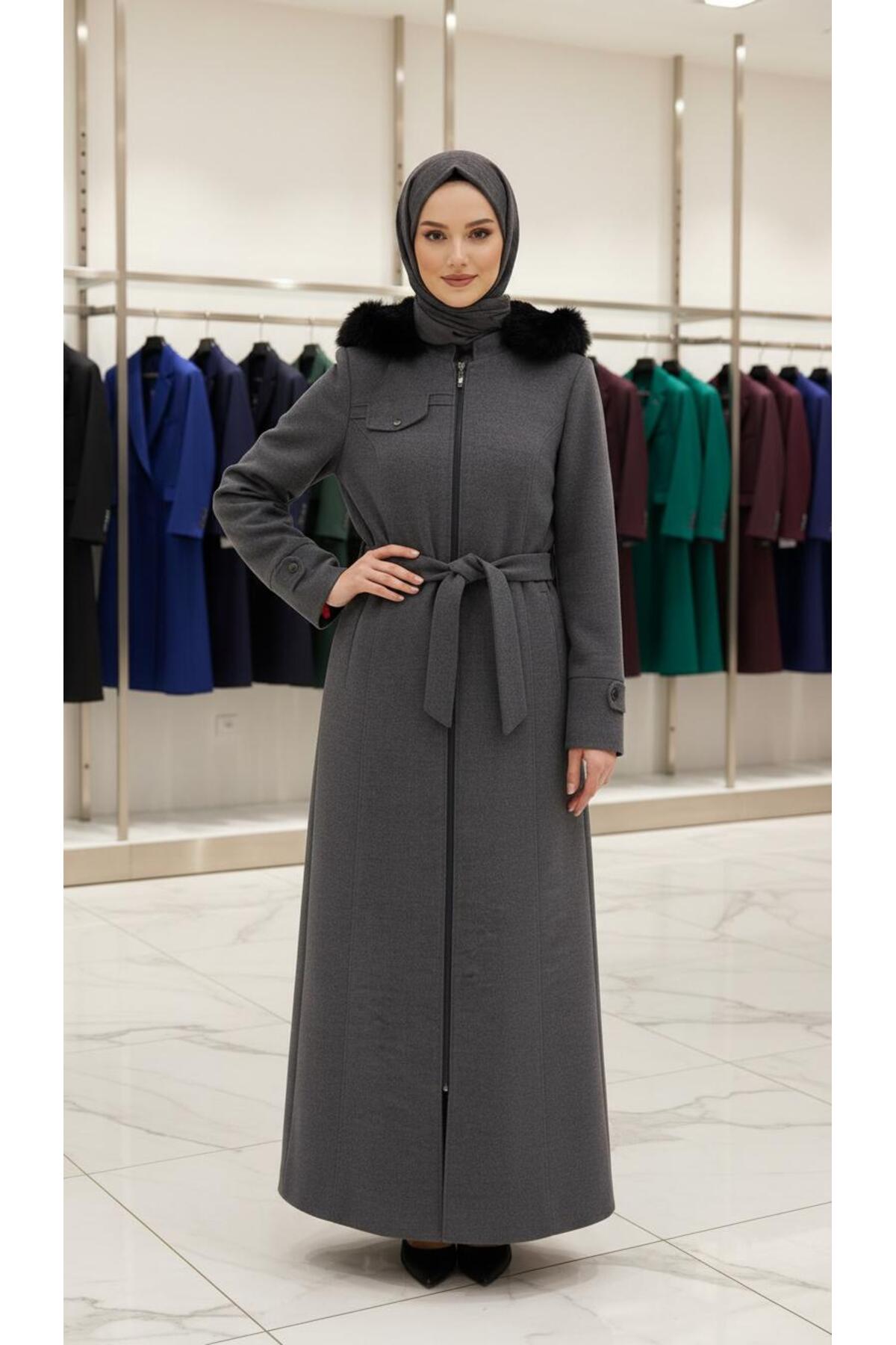 ESİN GİYİM  Luna Kürk Kapüşonlu Kemerli Uzun Kaban - Görsel 2