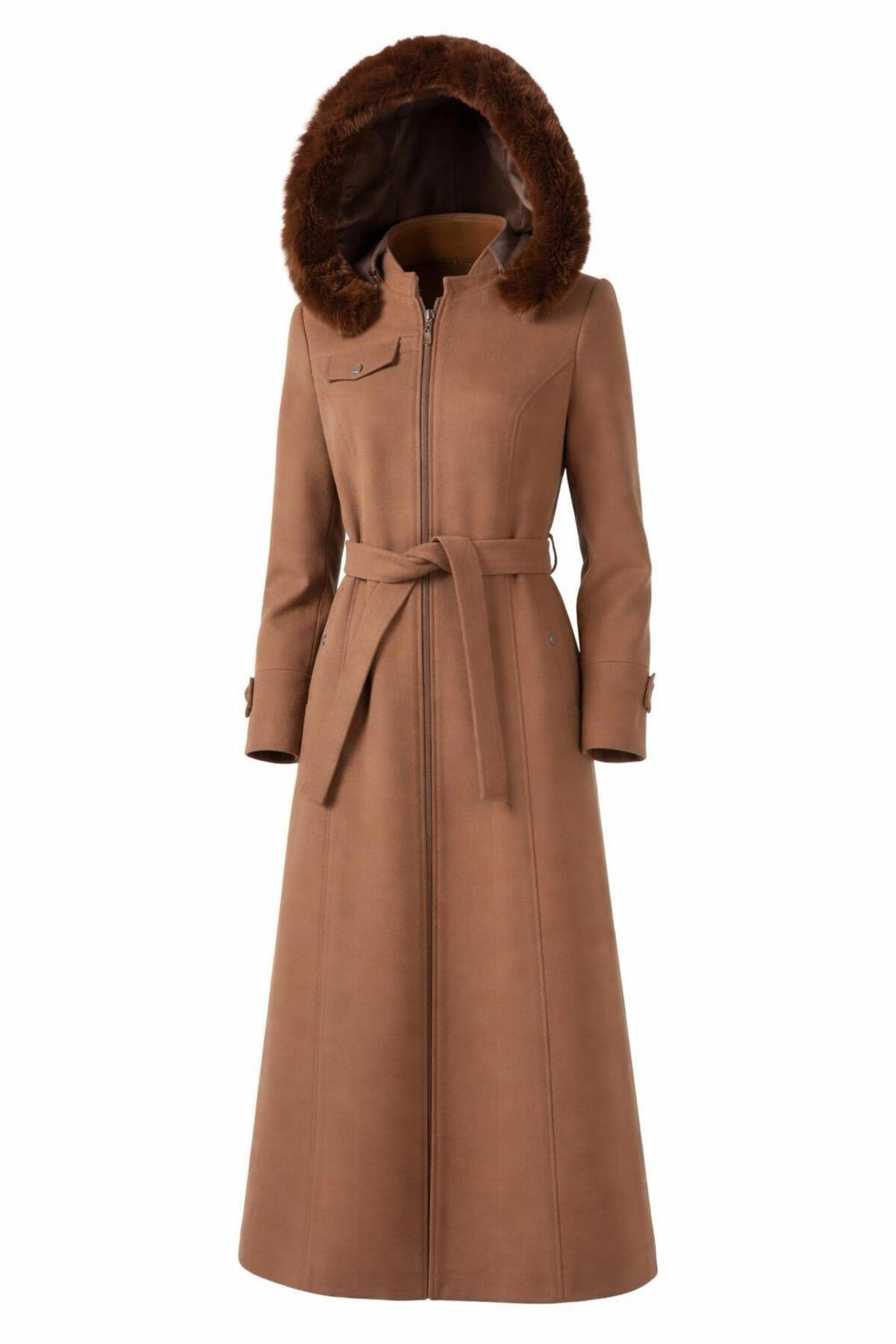 ESİN GİYİM  Luna Kürk Kapüşonlu Kemerli Uzun Kaban