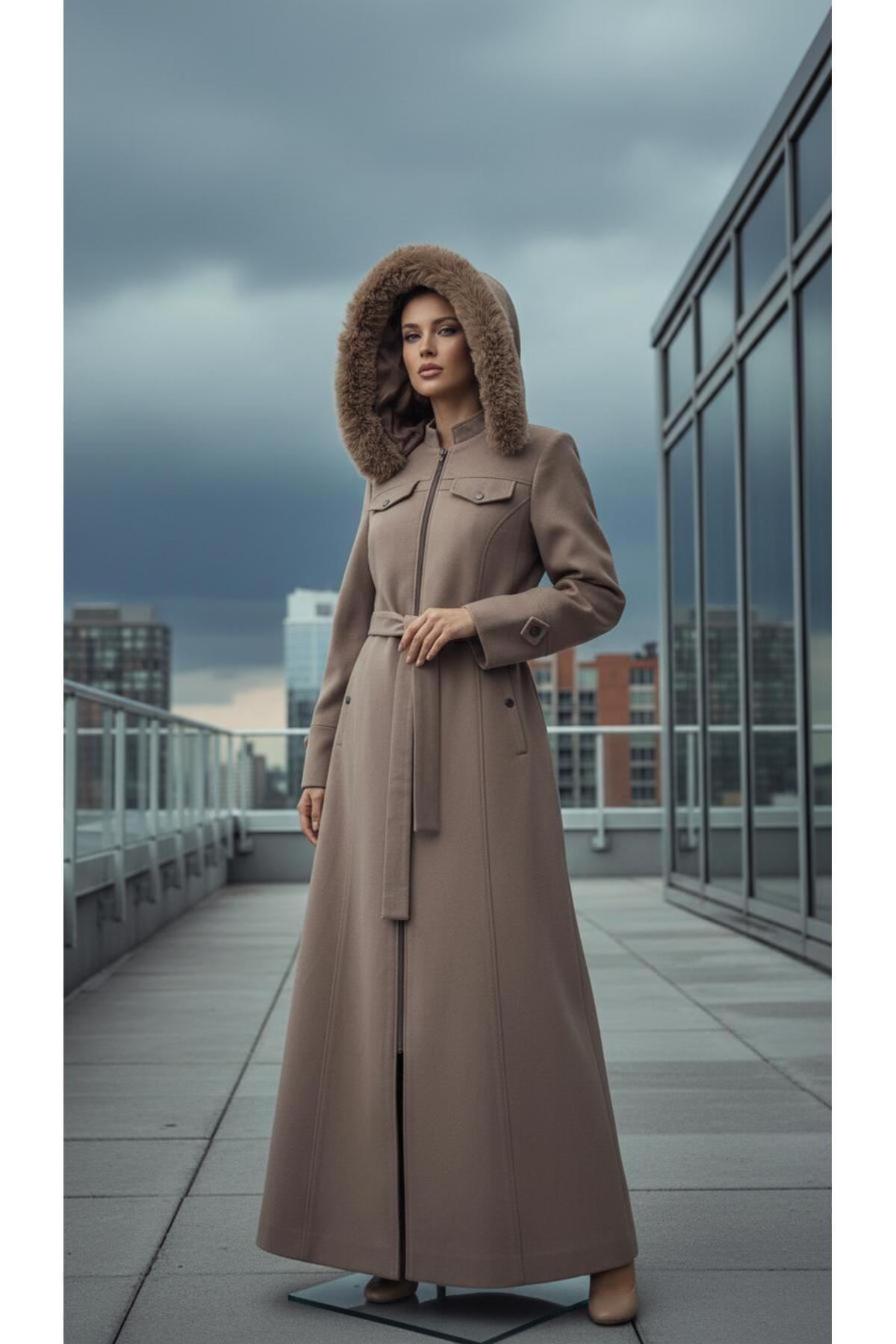 ESİN GİYİM  Luna Kürk Kapüşonlu Kemerli Uzun Kaban - Görsel 2