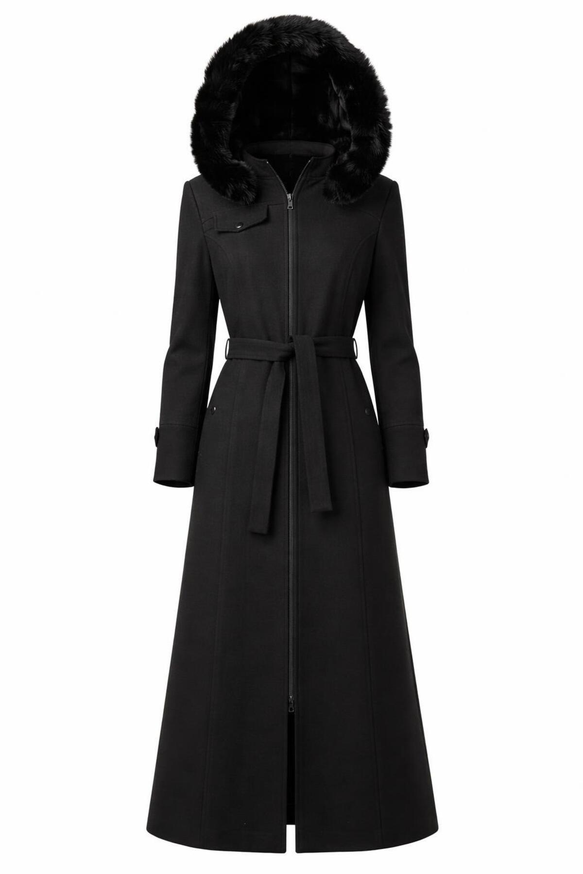 ESİN GİYİM  Luna Kürk Kapüşonlu Kemerli Uzun Kaban