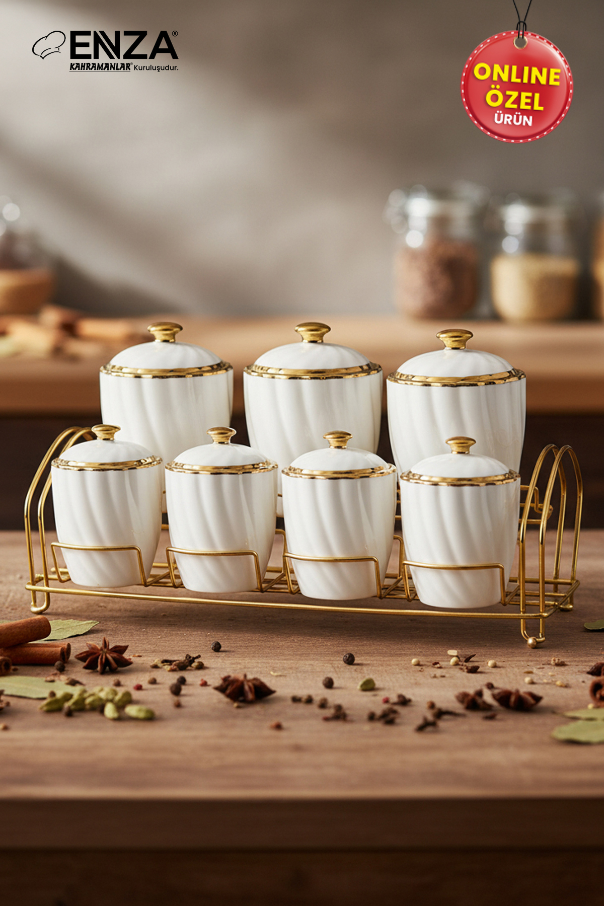Enza Esin Gold Standlı Porselen Baharat Takımı 15 Parça - Fiyatı