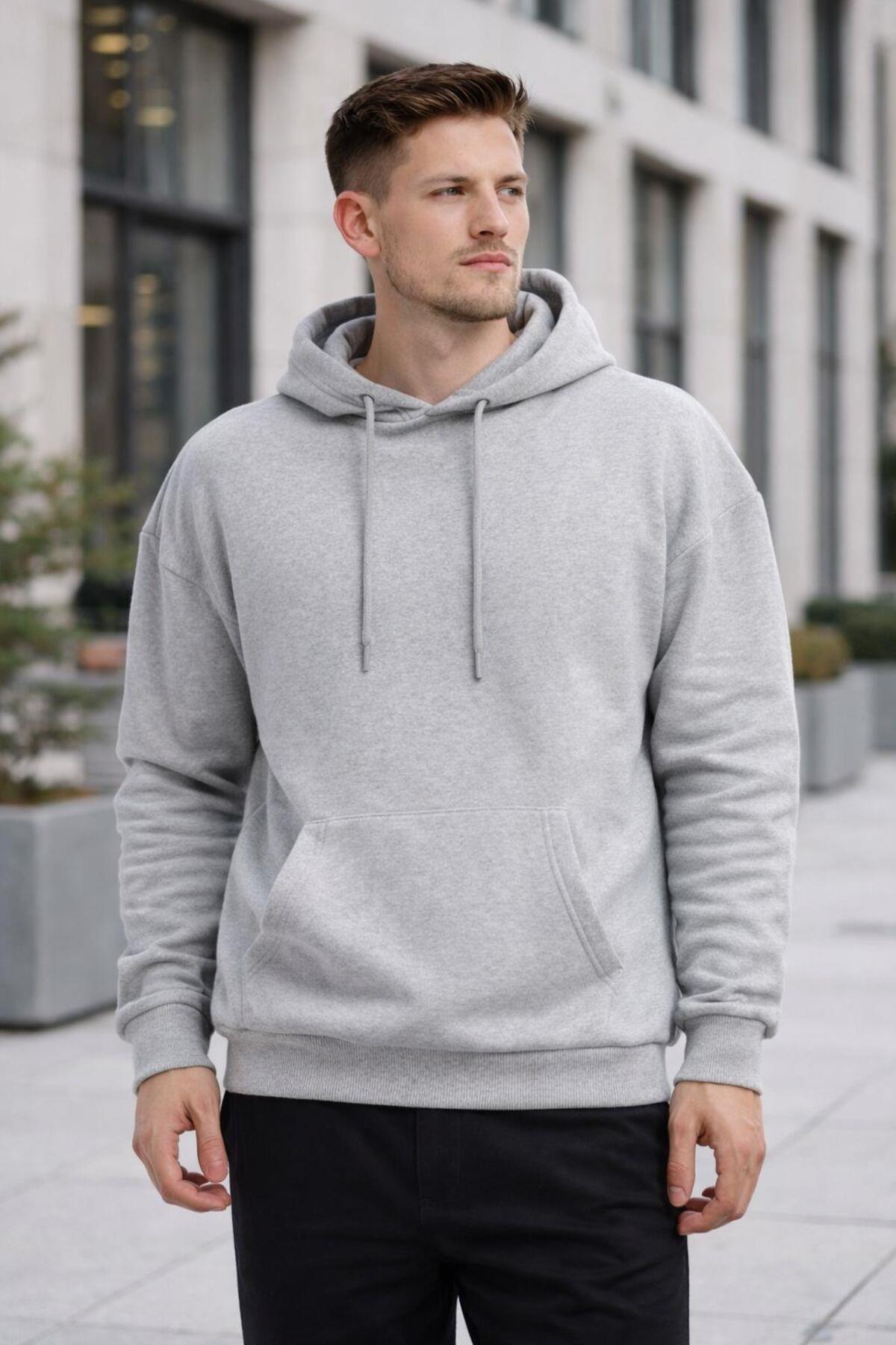 Polo State Men's Oversized Hooded Kangaroo Pocket 3 Thread Fleece Inside Gray Sweatshirt