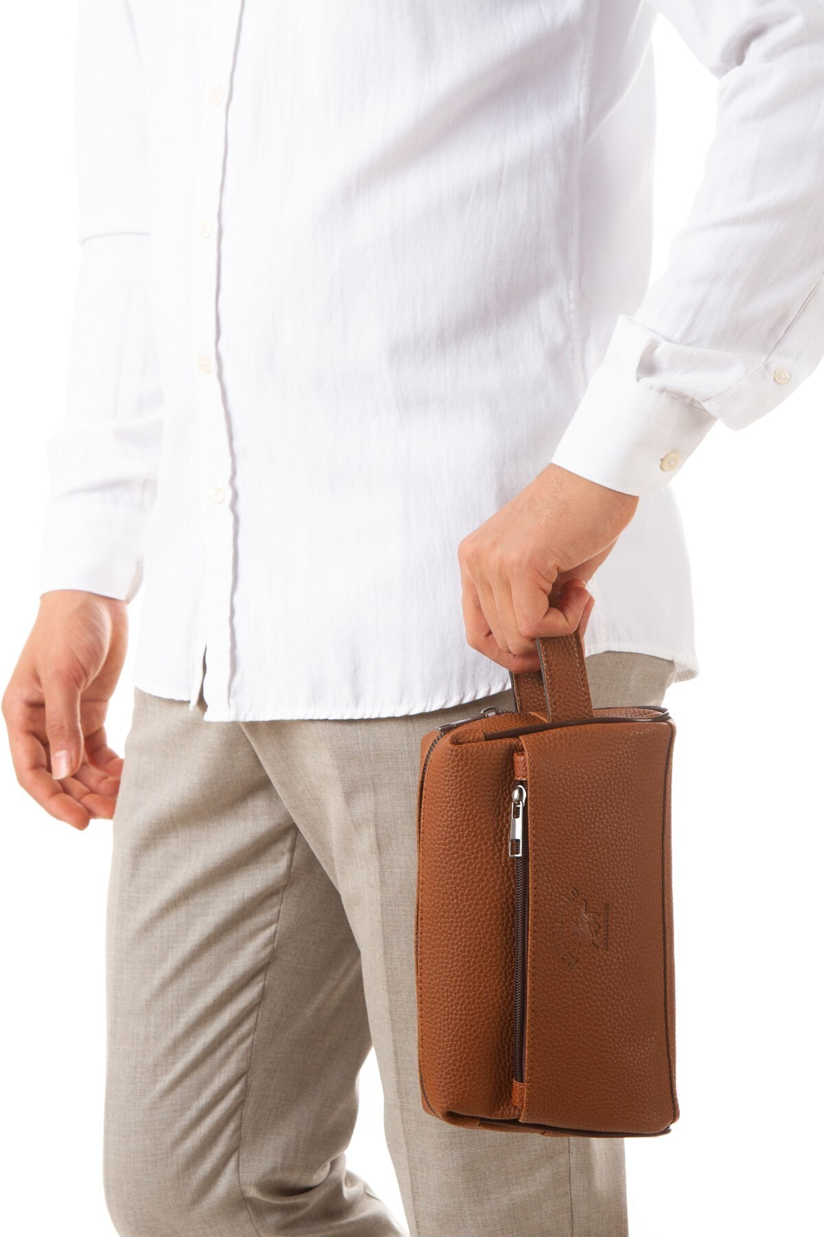 Newish Polo Erkek Vegan Deri Taba Portföy Clutch Traş Kozmetik Bakım Ve Günlük El Çantası