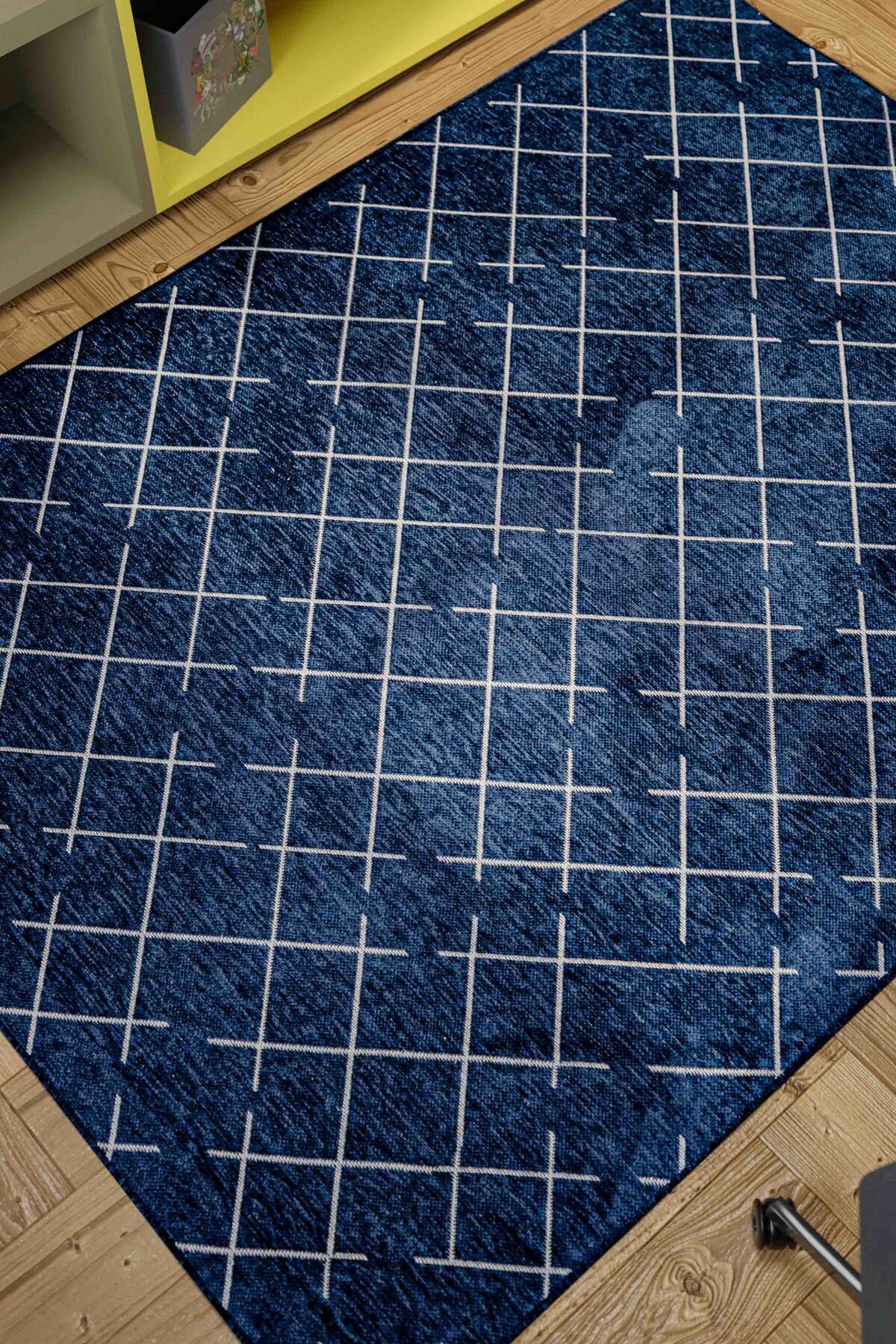 Mia Navy Blue Viscose Non-Slip Floor Washable Children's Rug 1407