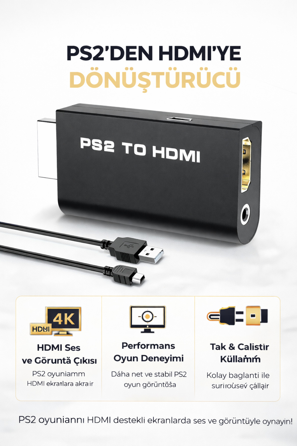 Coverzone PS2 HDMI Dönüştürücü Adaptör 480i 480p 576i Destekli USB