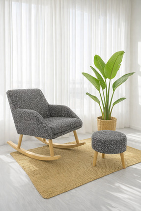 DEKOR MOBİLYACIM Comfort Sallanan Sandalye Kırçıllı Kumaş ve 3 Ayaklı Puf