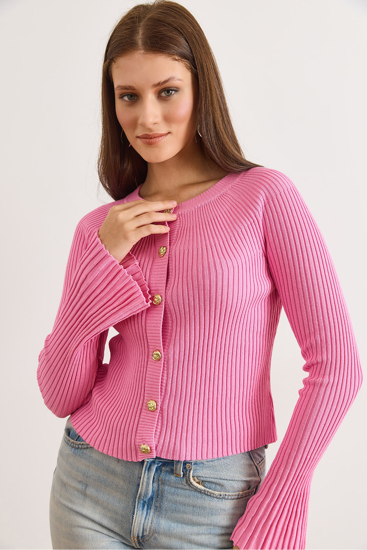 Women's Pink Gold Buttoned Spanish Sleeve Corduroy CardiganHRK-19000388