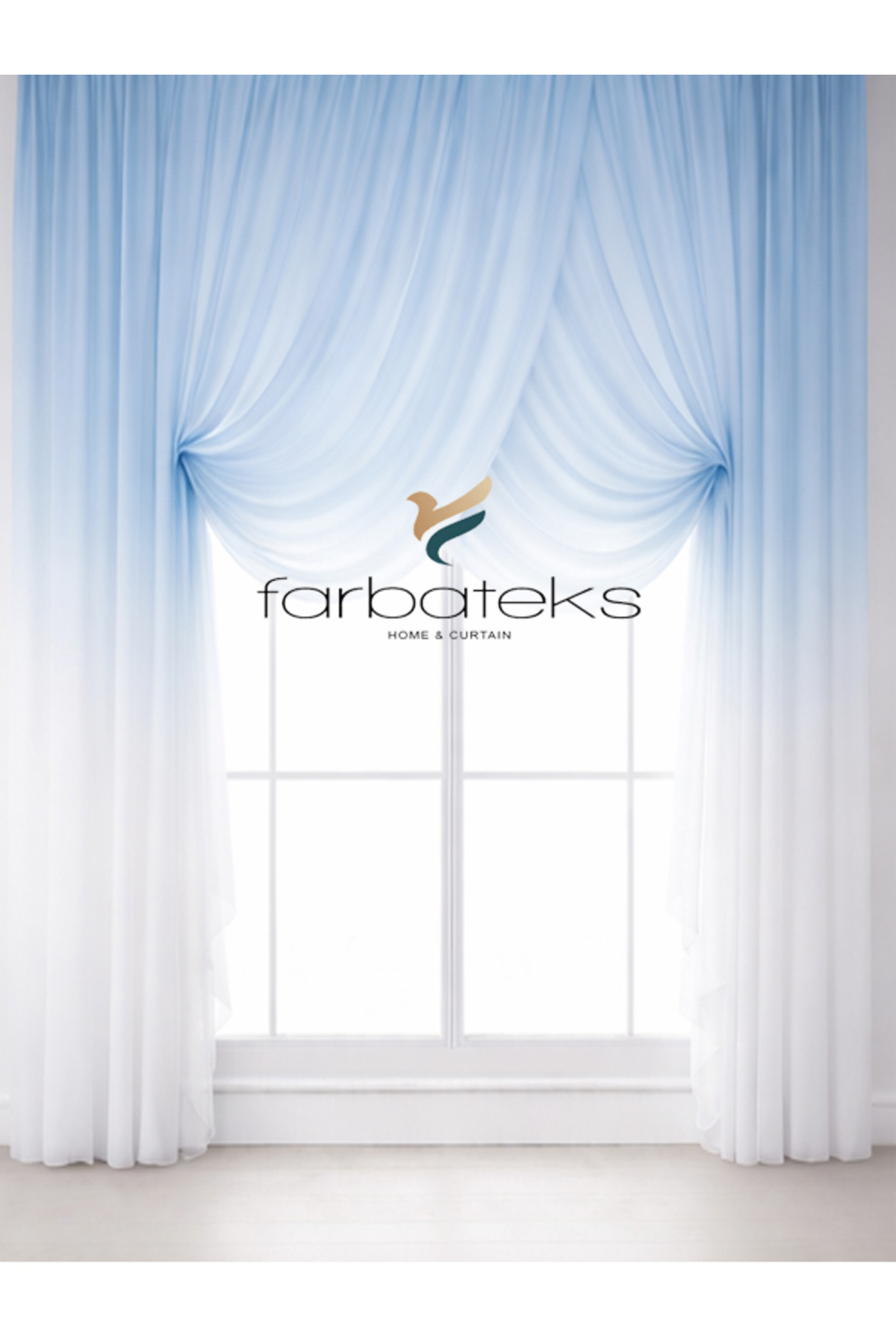 Blue Tulle Top Color Transition Double Breasted Model 3 Layers Pleated Tulle Curtain