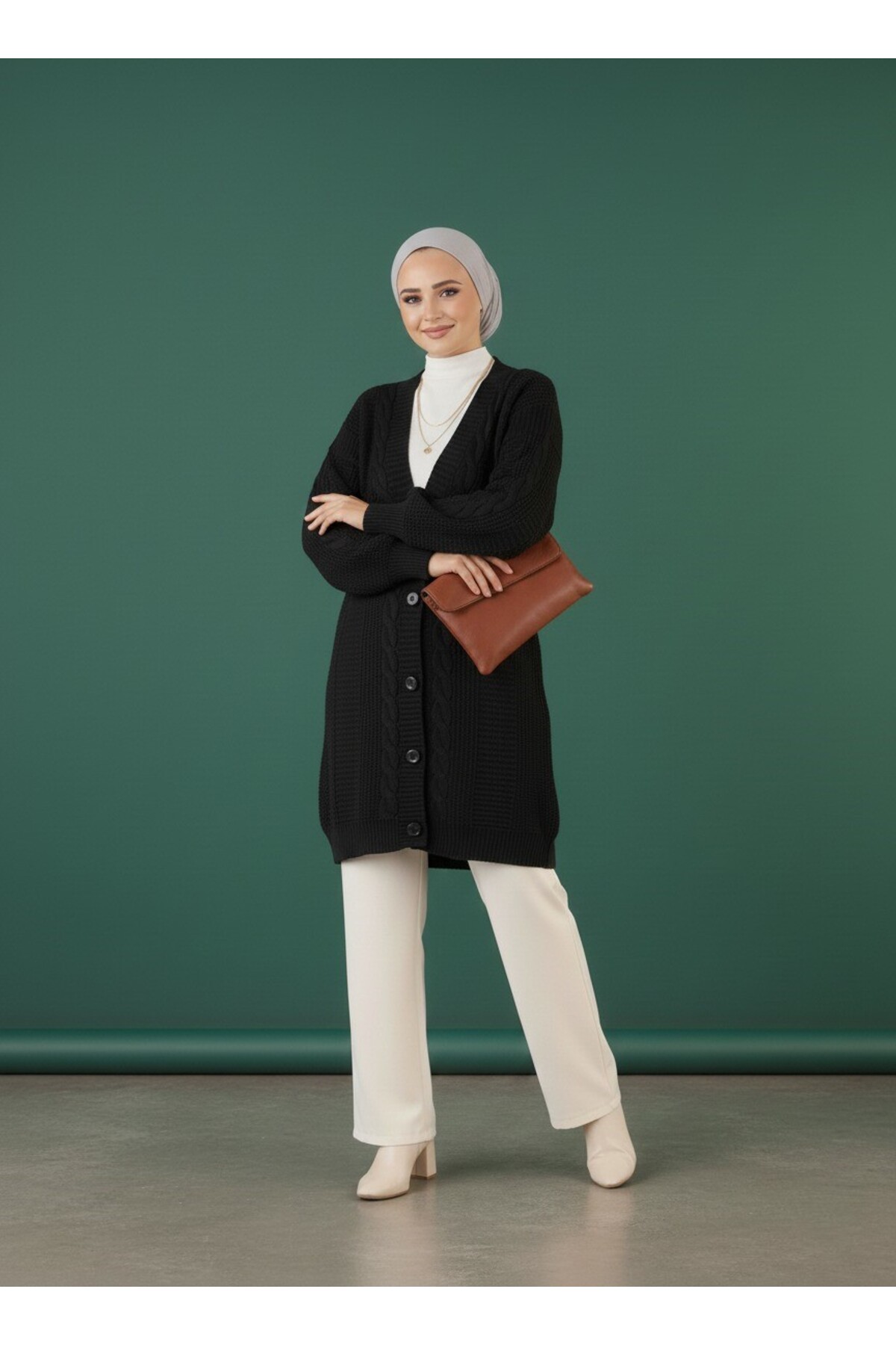 BUWOM  Kadın Tesettür Uzun Hırka Soft Düğmeli Pamuklu - Görsel 2