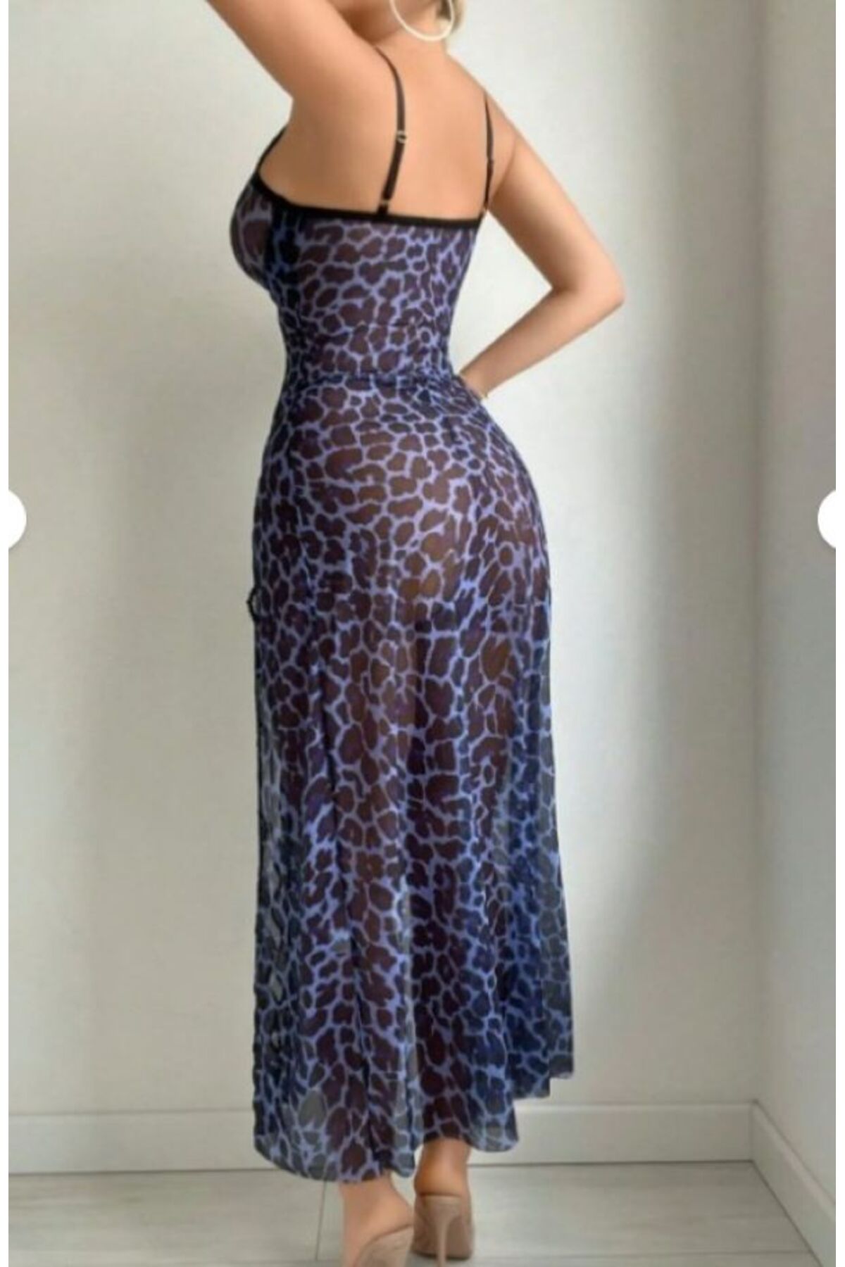 Albonishop Leopar Desenli Yırtmaçlı G-String Tanga Dahil Seksi Kadın Fantezi Gecelik Takımı