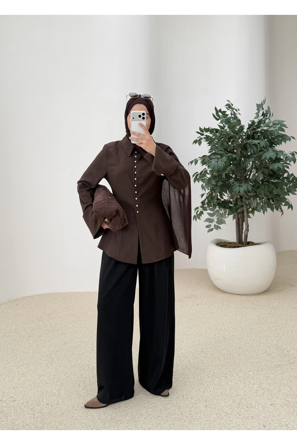 MODA AKSA  MİNİK DÜĞME GÖMLEK KAHVE - Görsel 3