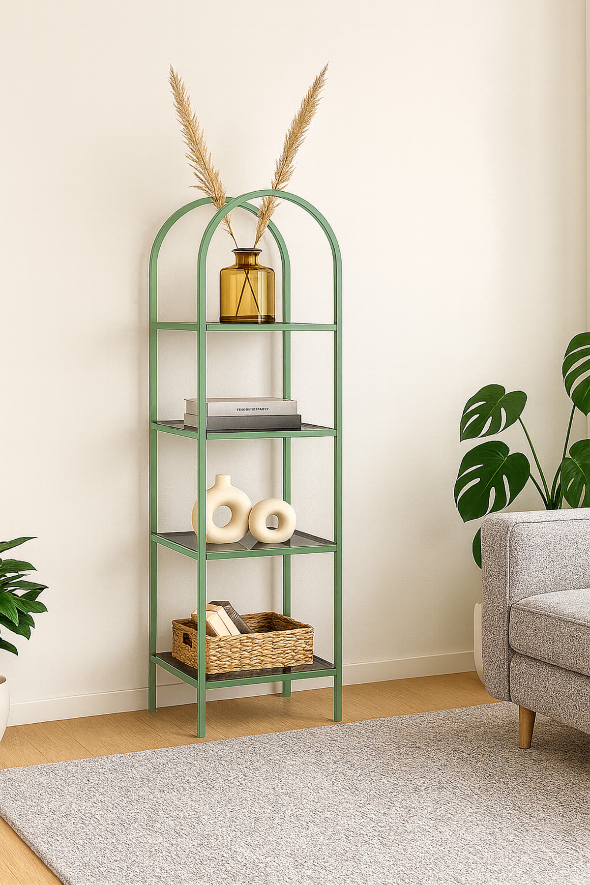 Mona Green Corner Bookcase Decorative Accessory Shelf Kitchen Shelf 40cm With Smoked Glass