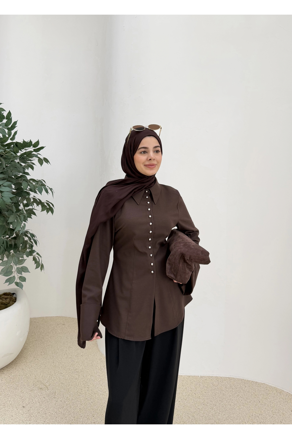 MODA AKSA  MİNİK DÜĞME GÖMLEK KAHVE - Görsel 2