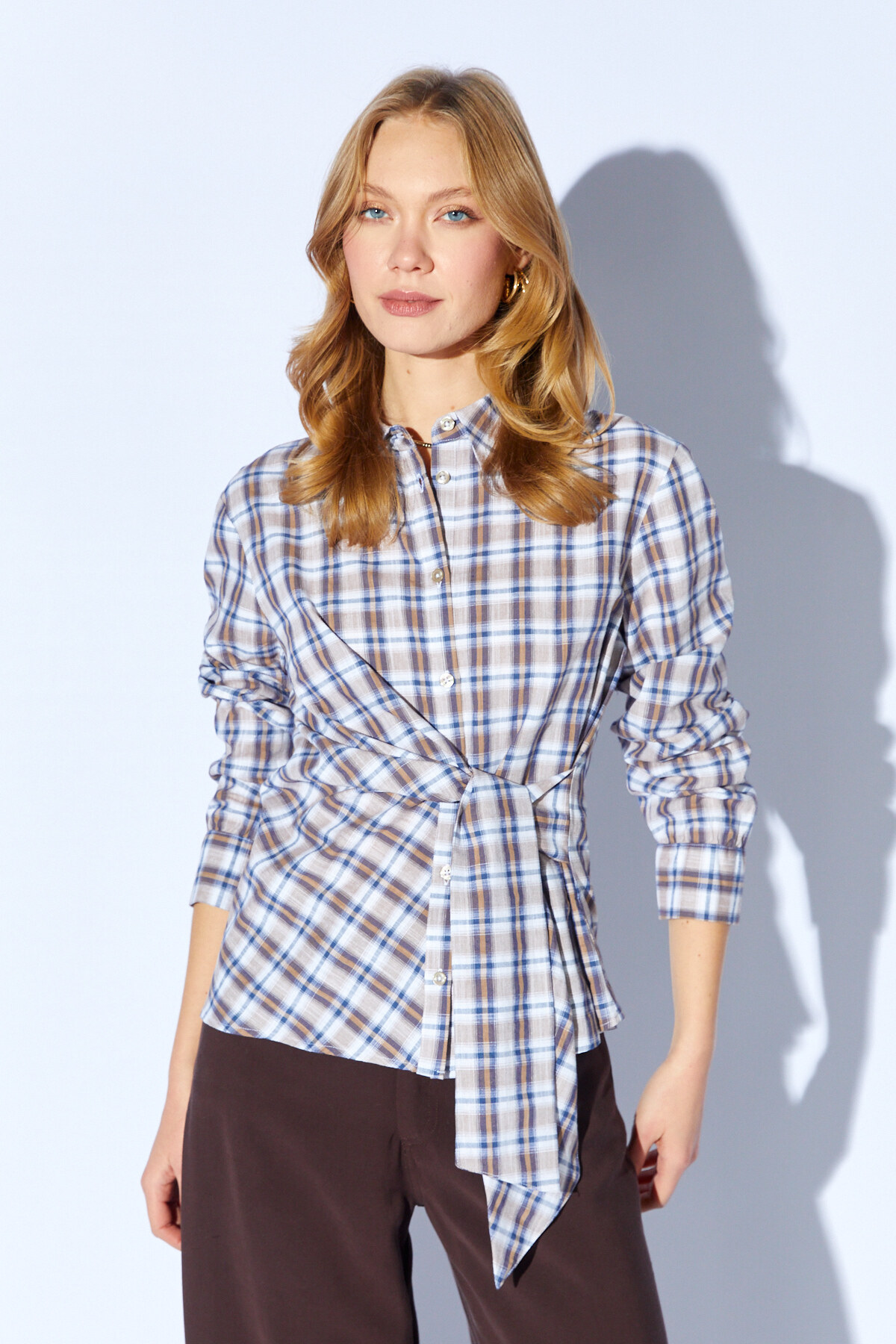 Camel Bağlama Detaylı Ekose Gömlek | MKS1610822-1