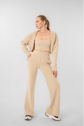 PATRONIZE CREATING YOUR STYLE Bej Fitilli Kadife Üçlü Eşofman Spor Takım