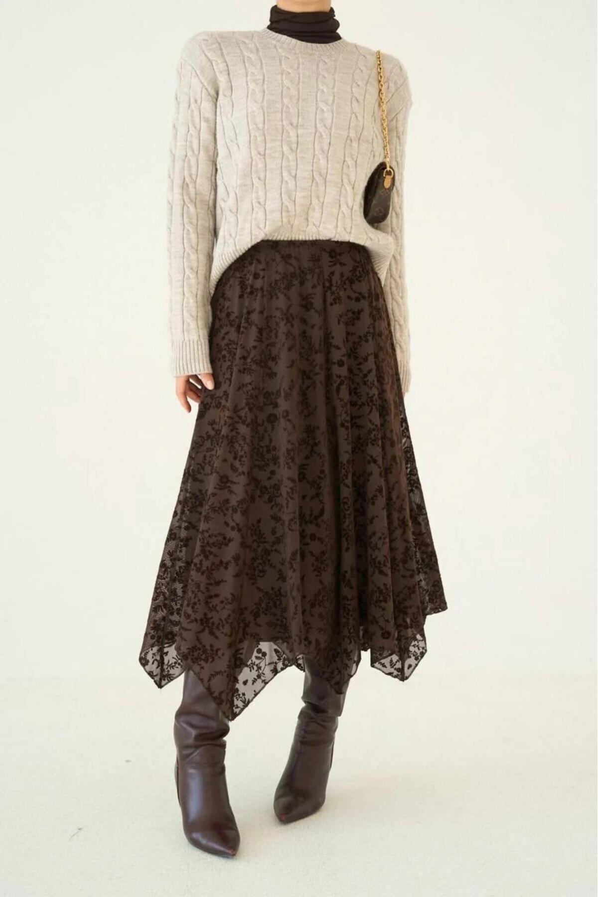 Rora  Tül Detaylı Asimetrik Astarlı Uzun Etek - Görsel 3