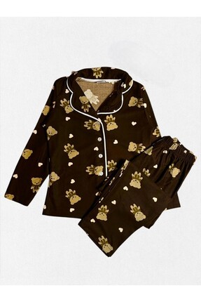 Nilsen Anne-Kız Çocuk Pamuklu Süet Kahverengi Ayıcık Kalp Desenli Uzun Kol Gö...