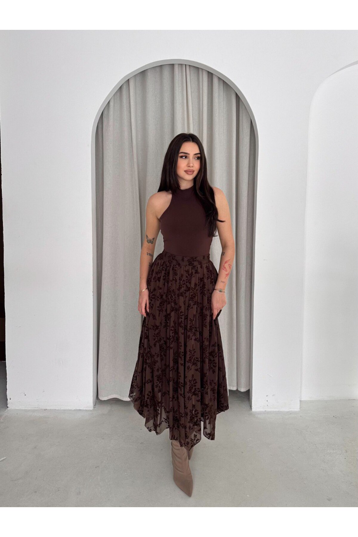 MİSPİER  Asimetrik kesim Flok Baskılı Tüllü Astarlı Etek