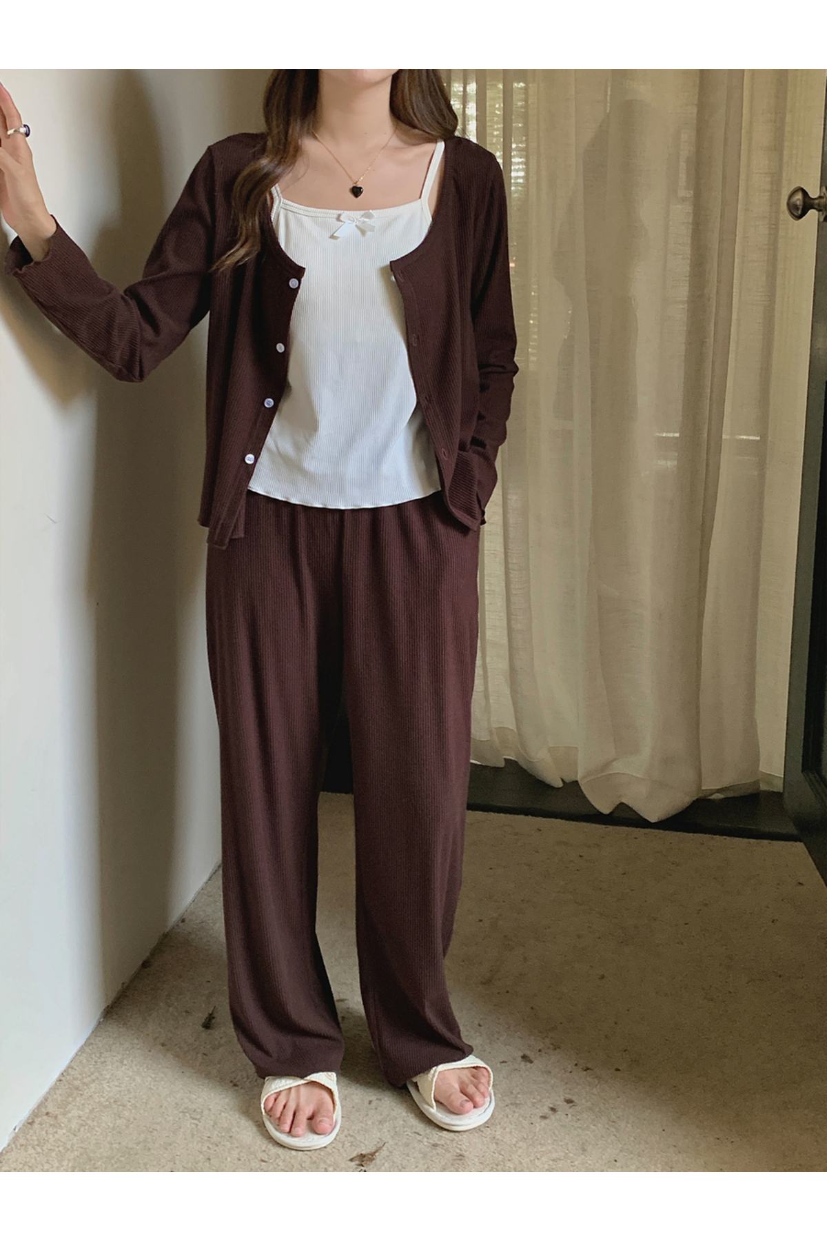 Take Two By Styli Pack of 3 - Ribbed Cardigan, Cami and Pyjama