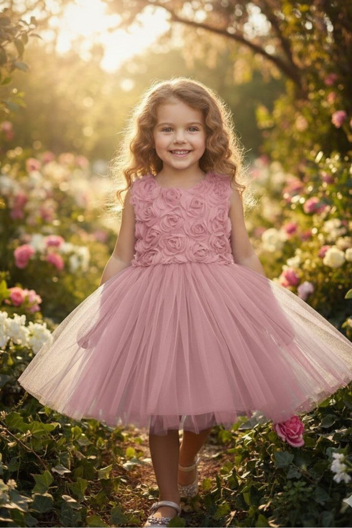 3D Gül Kabartmalı Tüllü Pudra Çocuk Abiye 2/12 yaş arası abiye ABY244