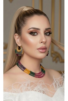 bycananturkoglu Özel Tasarım Altın Kaplama Akik Kolye Küpe Set