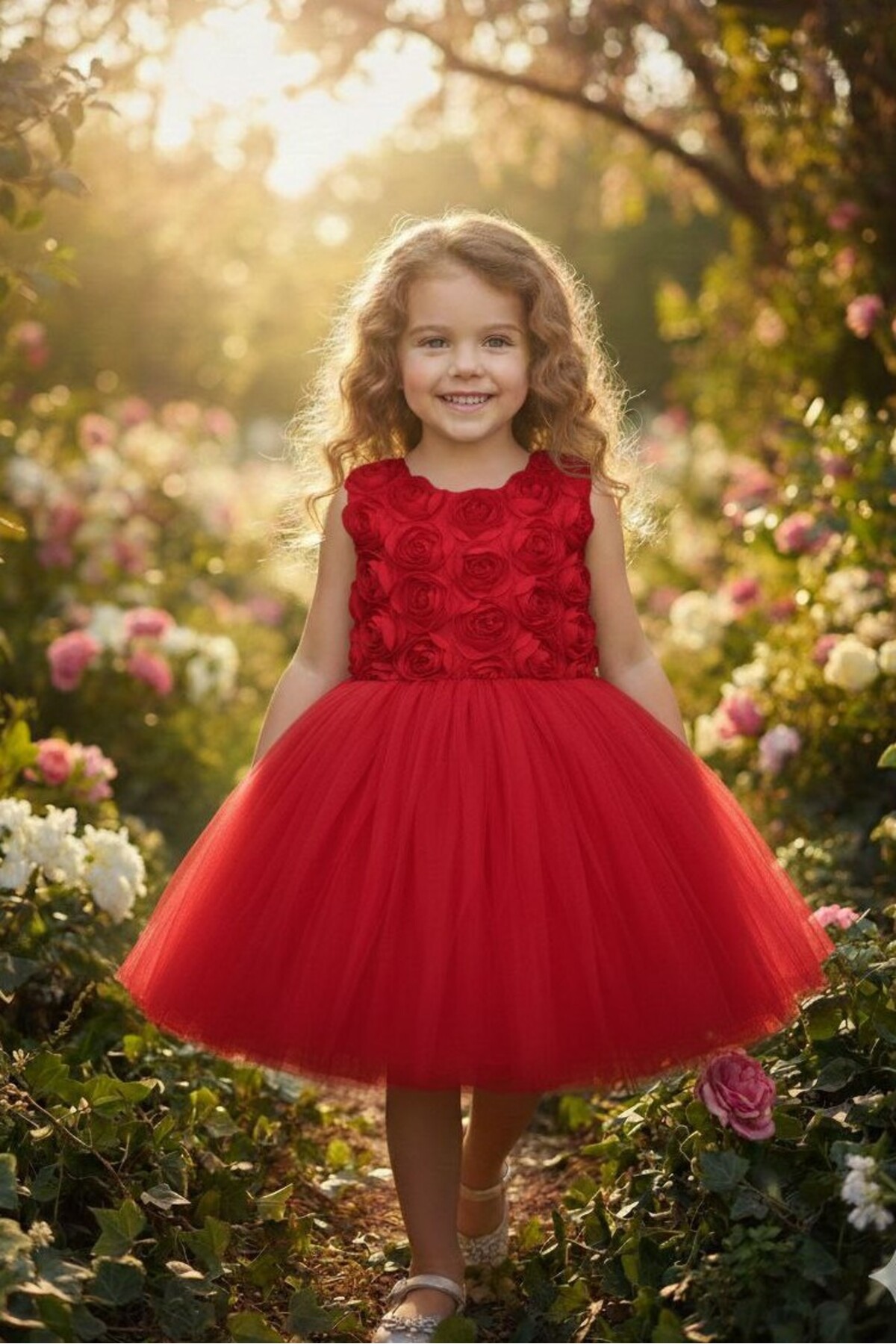 3D Gül Kabartmalı Tüllü Kırmızı Çocuk Abiye 2/12 yaş arası abiye ABY244