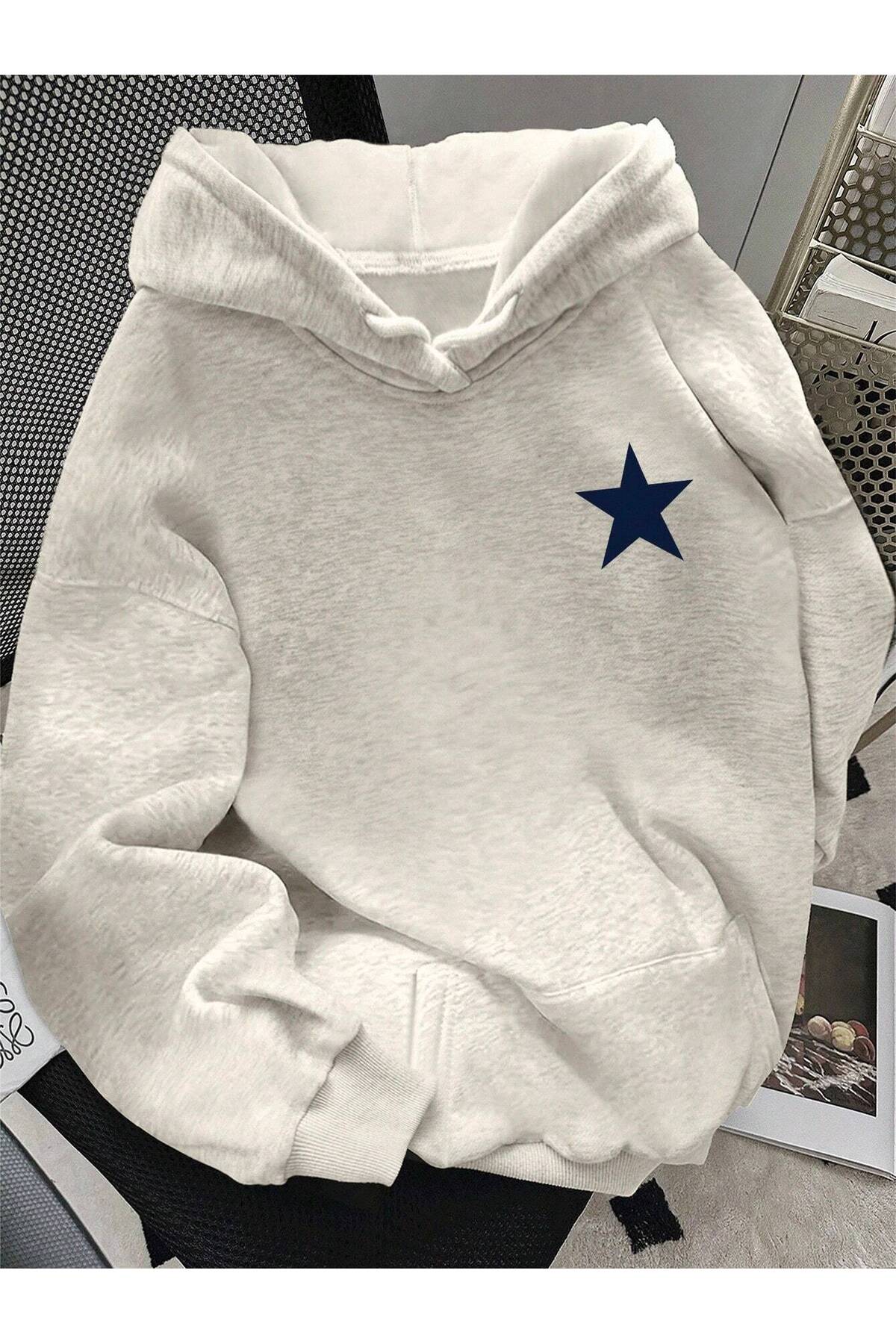 ZİYMO  KAPÜŞONLU RAHAT KESİM YILDIZ DETAYLI SWEATSHIRT