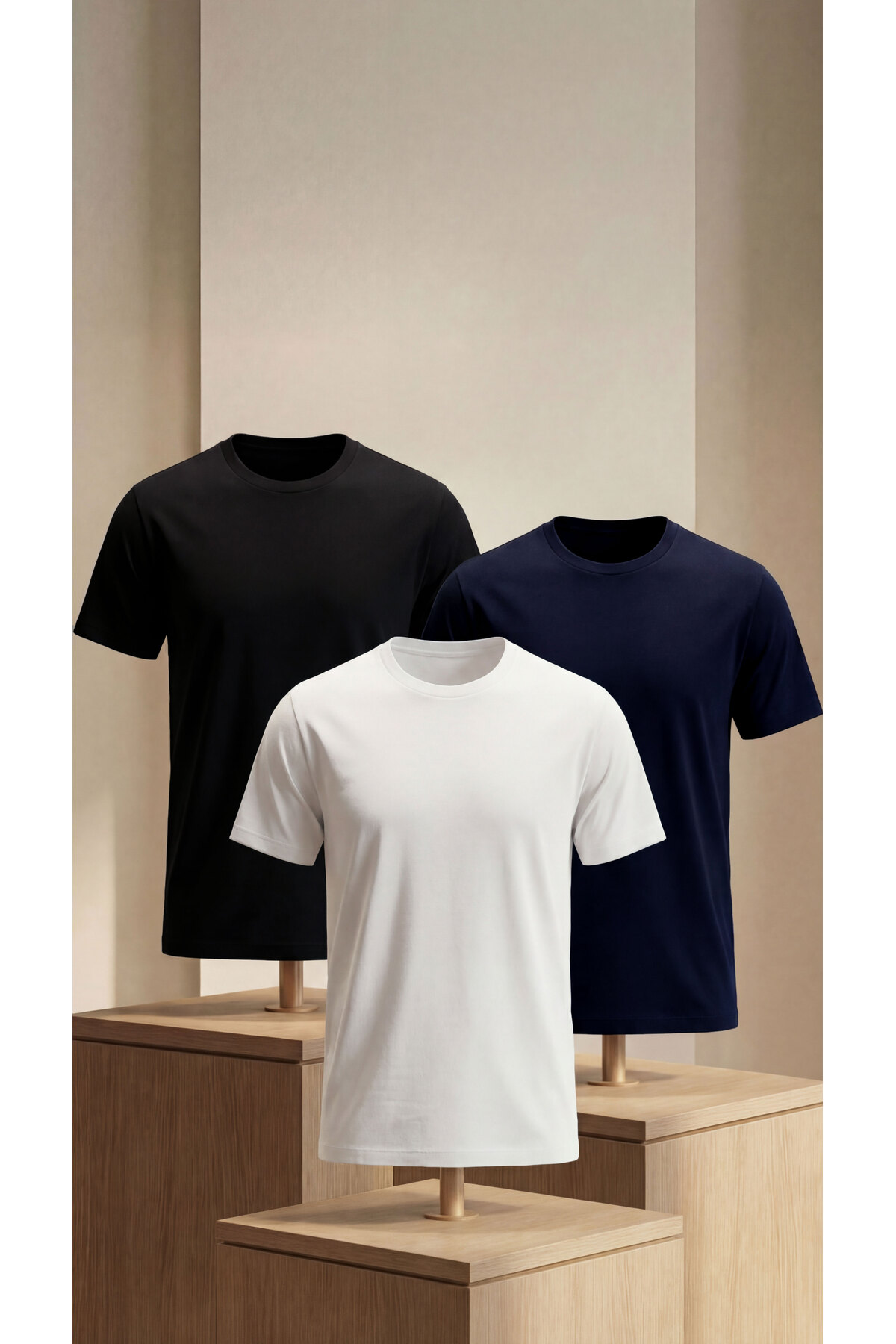 Premium %100 Organik Pamuk 3'li Beyaz - Siyah - Lacivert Basic Slimfit Erkek Tişört