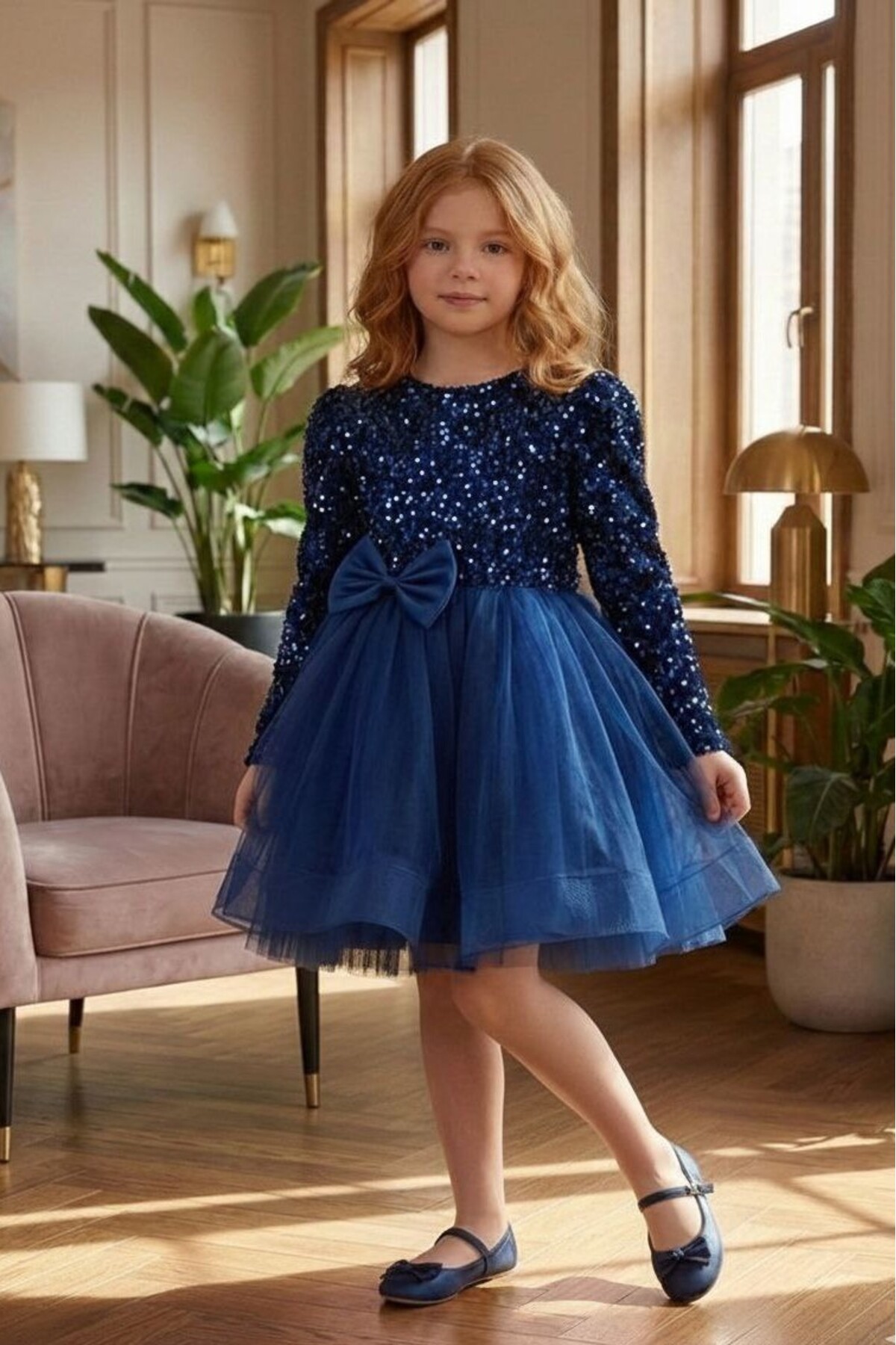 Kadife Payetli Uzun Kollu Kabarık Lacivert Çocuk Abiye 2/12 yaş arası abiye ABY245