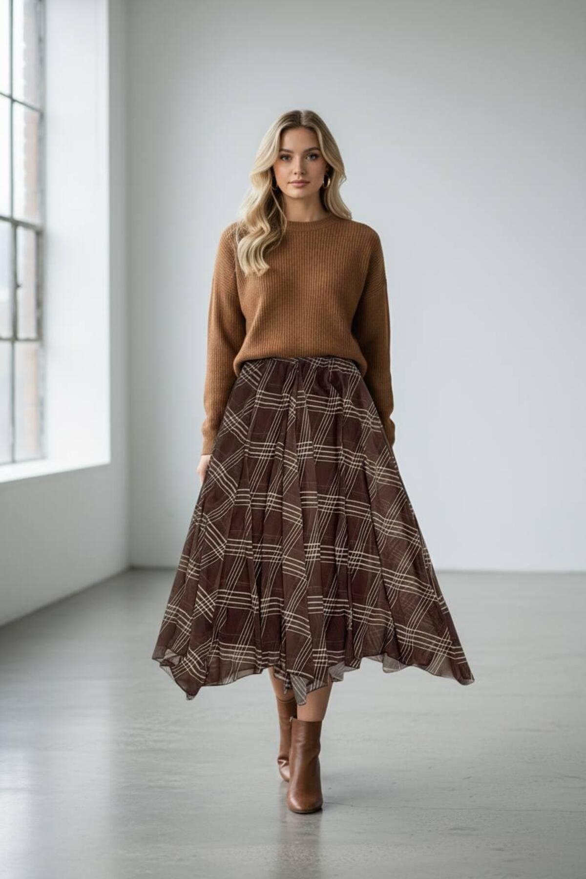 DAME  Kadın Premium Eteği Asimetrik Kesim Astarlı Şifon Etek 90 cm +Tesettüre uygun - Görsel 2