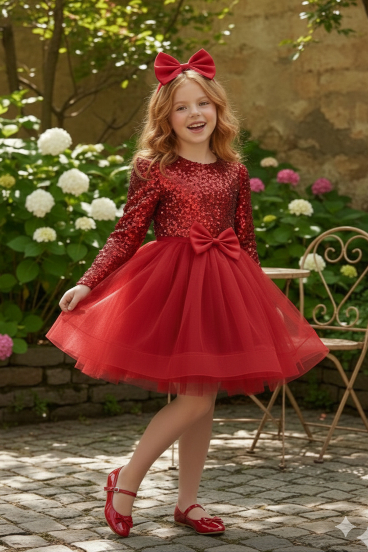 Kadife Payetli Uzun Kollu Kabarık Kırmızı  Çocuk Abiye 2/12 yaş arası abiye ABY245