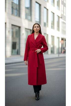 Moda Banuş Kadın Kuşaklı Cepli Yırtmaçlı Astarlı Tüylenmez Kaşe Kaban Kırmızı